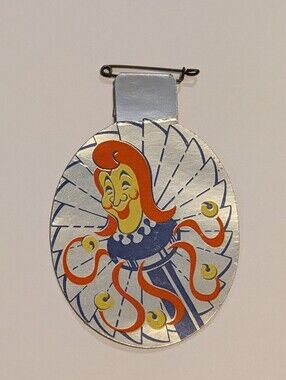 Vintage Unique Paper Pinback - Shiny Silver Jester Image - German?